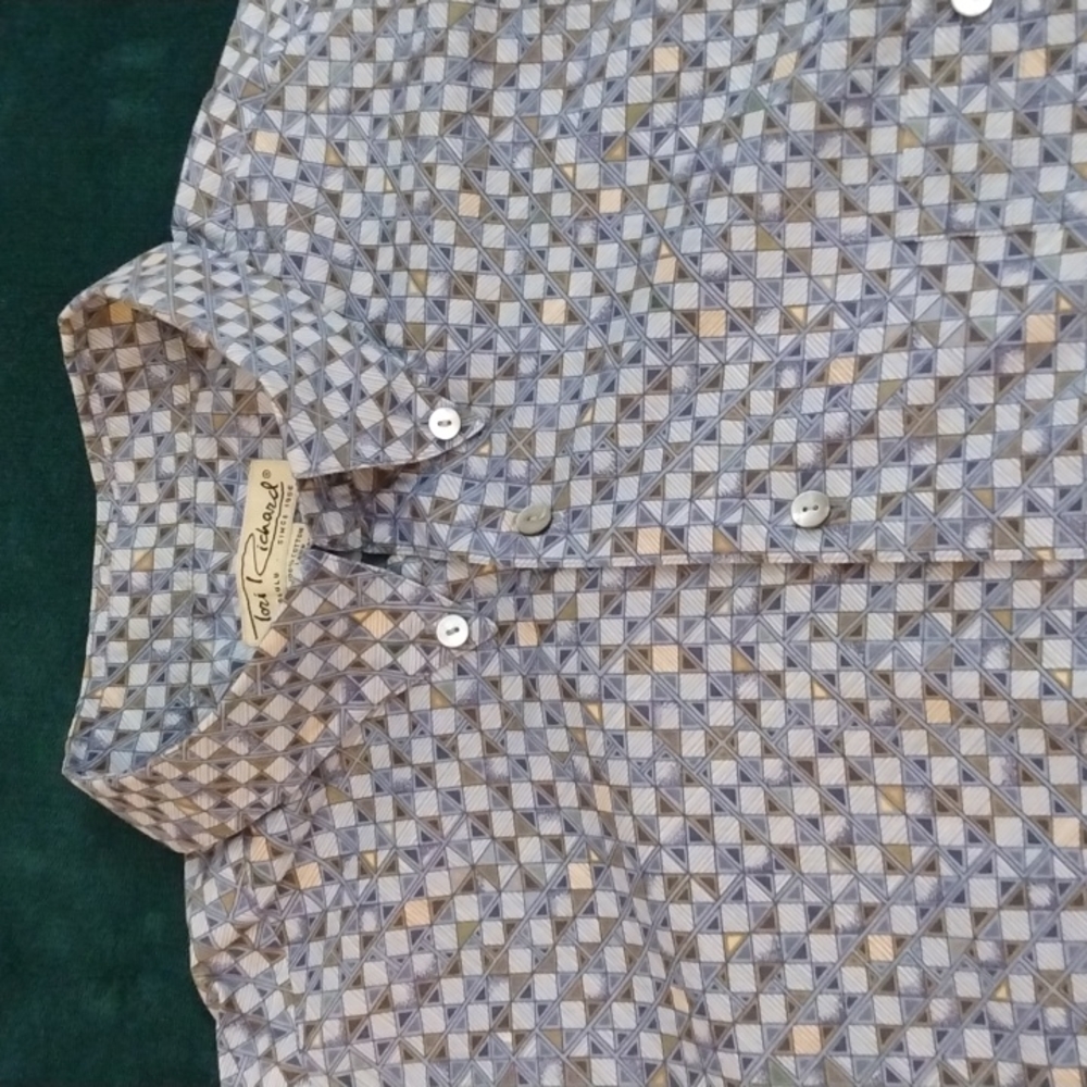 Tori Richard XL Blue/Tan Cotton Lawn Geometric Print Shirt